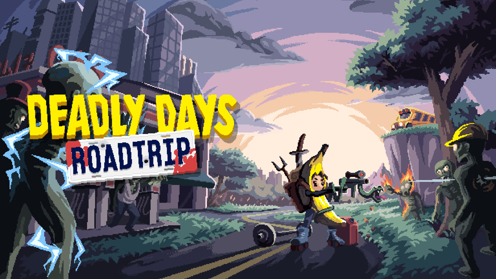 Deadly Days Roadtripのロゴとバス、生存者を描いた公式キーアート