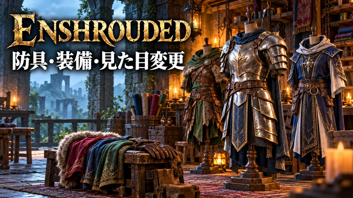 防具とローブ、色違いの布を展示したEnshrouded装備と見た目変更のイメージイラスト
