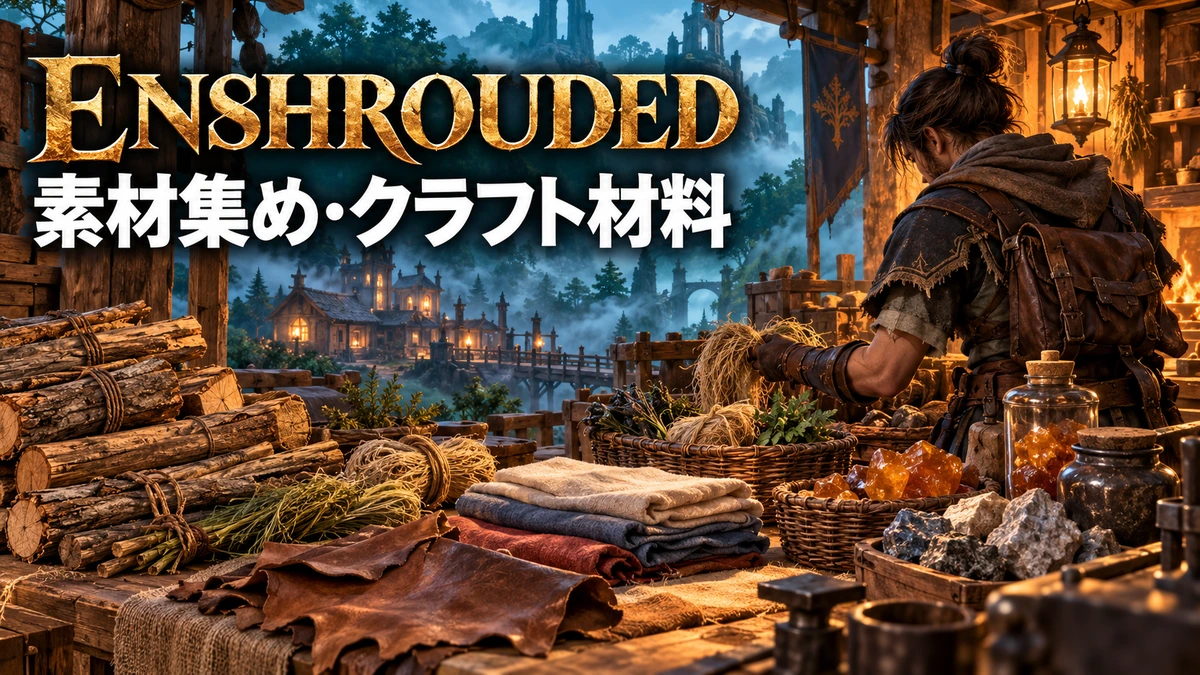 木材や繊維、布などを仕分ける冒険者を描いたEnshroudedクラフト素材ガイドのイメージイラスト