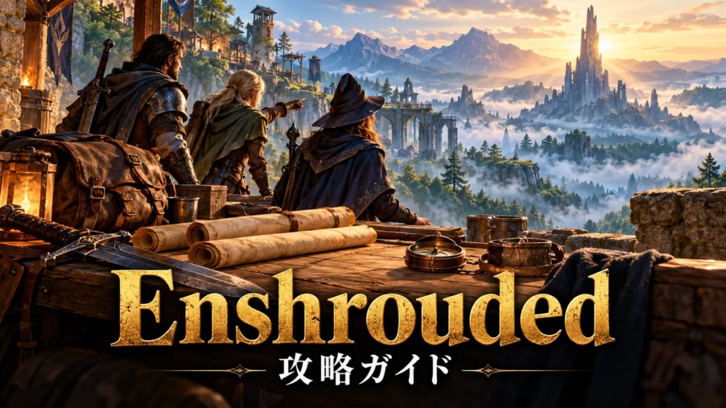道具をそろえた机から仲間と次の探索先を望む、Enshrouded総合攻略のイメージイラスト