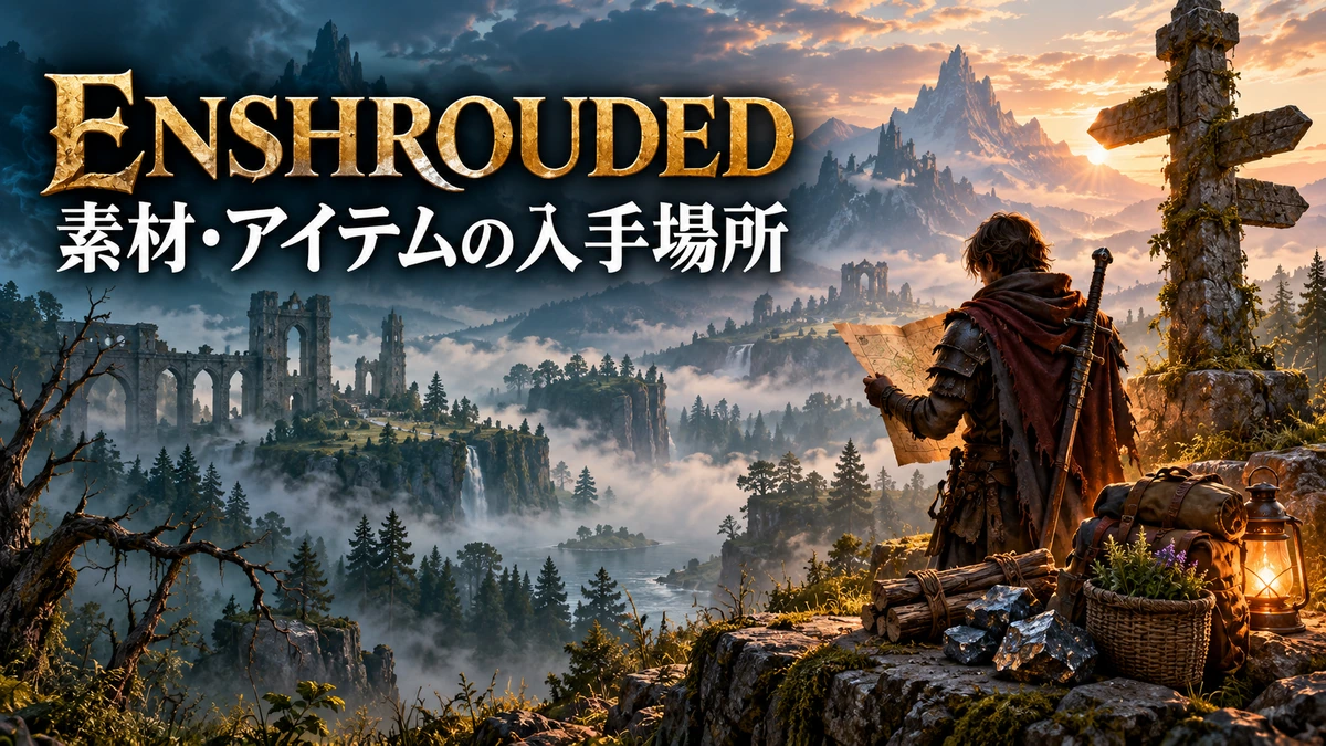 素材を持ち、地図を確かめる冒険者を描いたEnshroudedアイテム入手ガイドのイメージイラスト