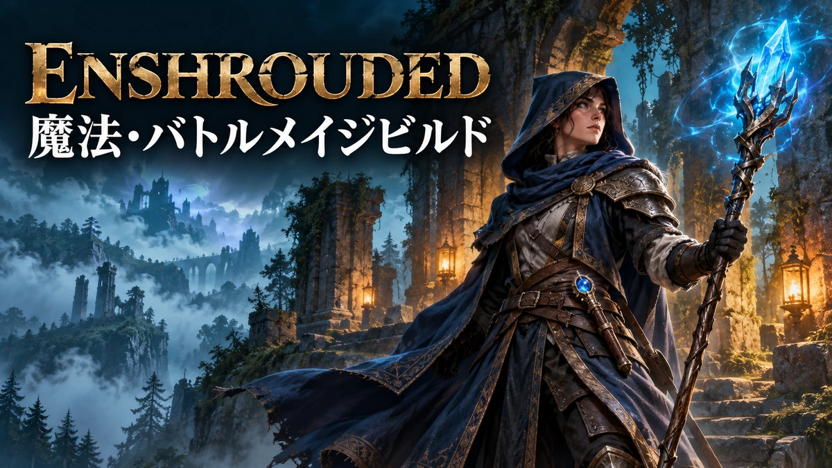 青く光る杖を持つ魔法戦士を描いたEnshrouded魔法・バトルメイジビルドのイメージイラスト