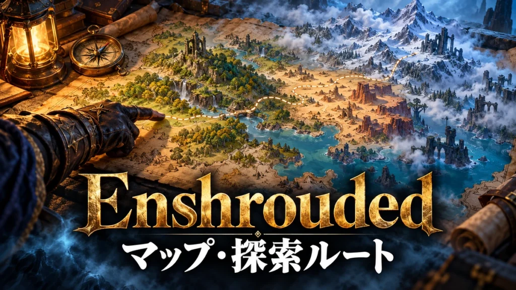 架空の地形図と方位磁針で探索計画を表したEnshroudedマップガイドのイメージイラスト。実際のゲーム地図ではありません