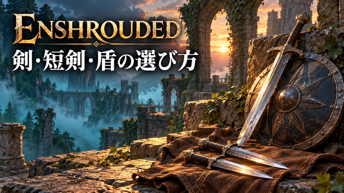 剣・短剣・盾を並べたEnshrouded近接武器選択ガイドのイメージイラスト