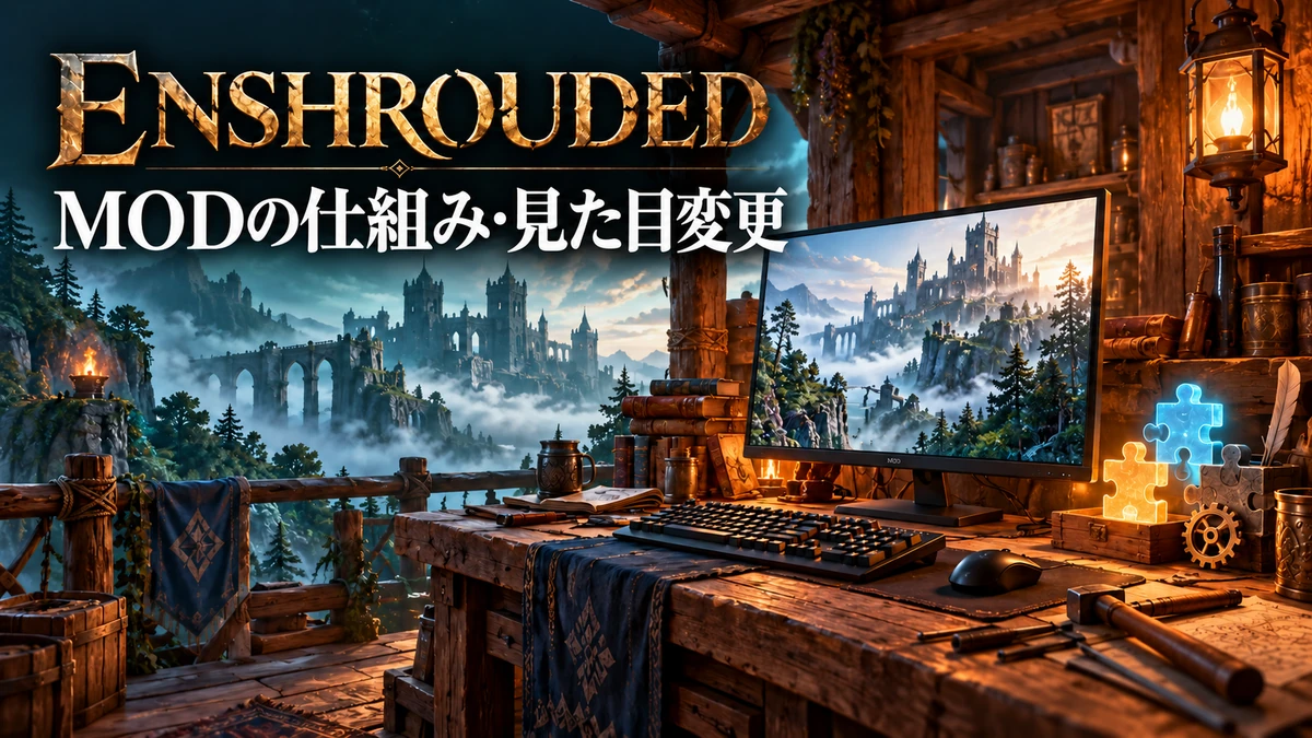 PCとパズル片のモチーフでEnshroudedの非公式MODの仕組みと見た目変更を表すイメージ