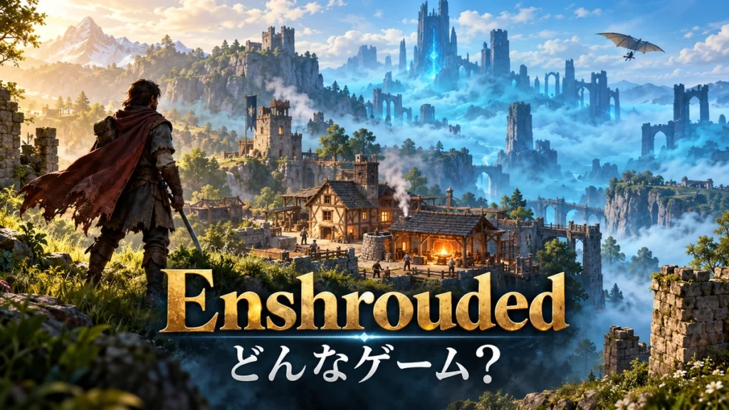 霧に包まれた古代の塔と職人の集落を望む冒険者を描いた、Enshroudedのゲーム概要を伝えるイメージイラスト