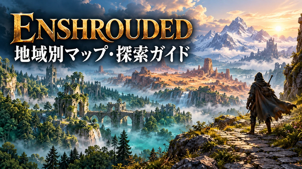 森・岩山・雪山を見渡す冒険者を描いたEnshrouded地域探索ガイドのイメージイラスト