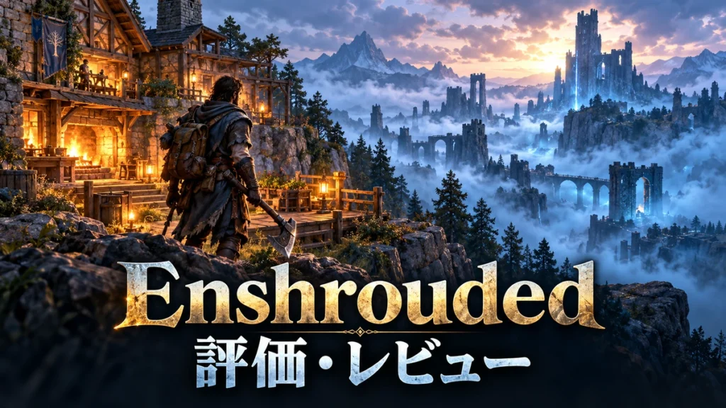 霧に包まれた王国を望む冒険者と拠点を描いた、Enshrouded評価記事のイメージイラスト