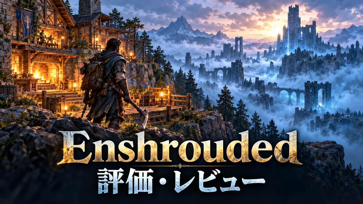 霧に包まれた王国を望む冒険者と拠点を描いた、Enshrouded評価記事のイメージイラスト
