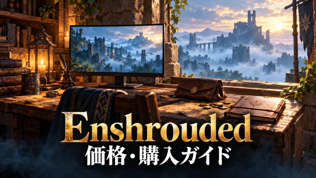 霧の世界を映すモニターと旅の机を描いた、Enshroudedの価格と購入ガイドのイメージイラスト