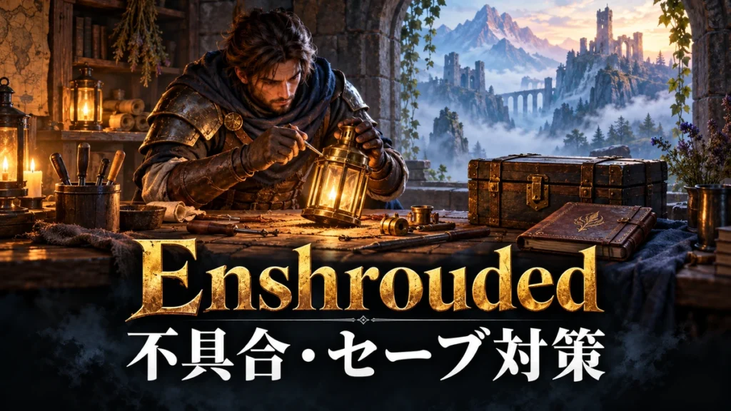 霧の城塞を望む工房で旅人がランタンを修理する、Enshroudedの不具合とセーブ対策のイメージイラスト