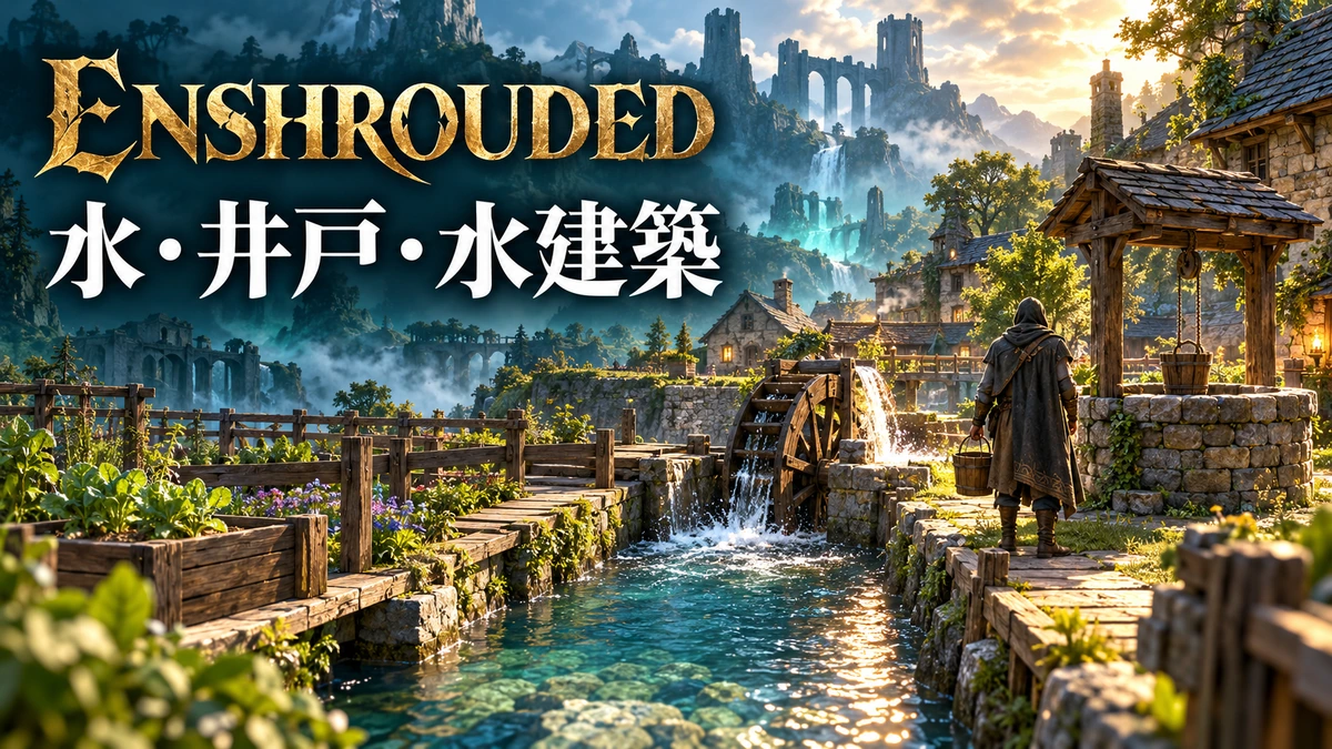 井戸と水路、水車のある拠点を描いたEnshrouded水建築ガイドのイメージイラスト