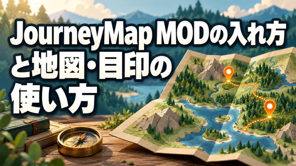 JourneyMap MODの入れ方と地図・目印の使い方を表すAI生成の概念画。実際のゲーム画面ではありません。