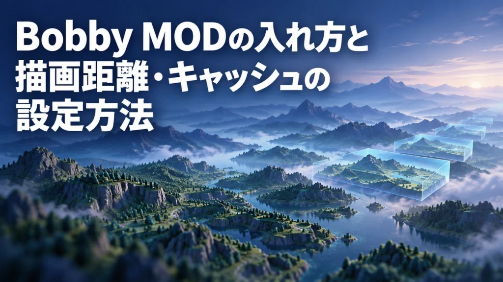 Bobby MODの入れ方と描画距離・キャッシュの設定方法を表すAI生成の概念画。実際のゲーム画面ではありません。
