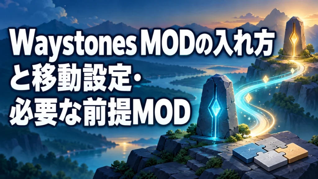 Waystones MODの入れ方と移動設定・必要な前提MODを表すAI生成の概念画。実際のゲーム画面ではありません。