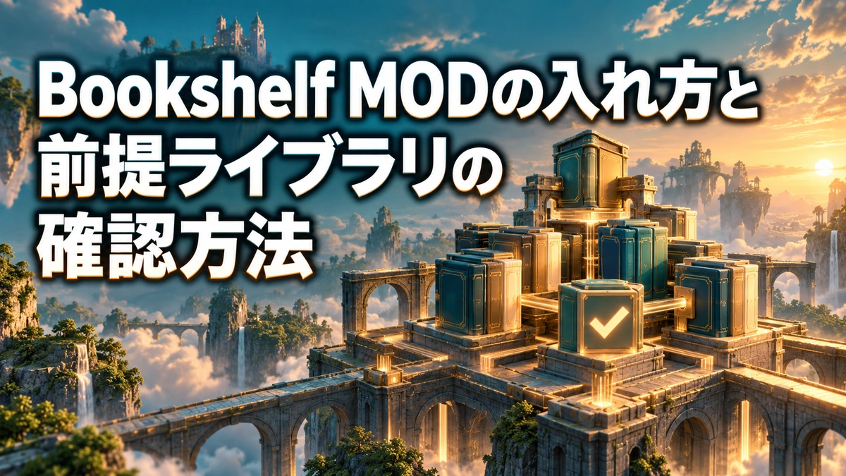 Bookshelf MODの入れ方と前提ライブラリの確認方法を表すAI生成の概念画。実際のゲーム画面ではありません。