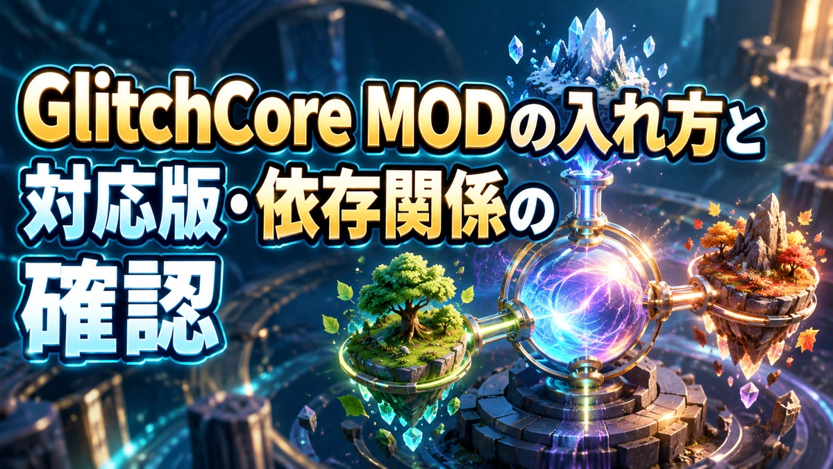 GlitchCore MODの入れ方と対応版・依存関係の確認を表すAI生成の概念画。実際のゲーム画面ではありません。