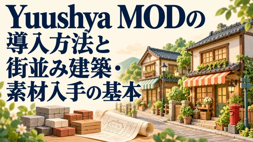 Yuushya MODの導入方法と街並み建築・素材入手の基本を表すAI生成の概念画。実際のゲーム画面ではありません。