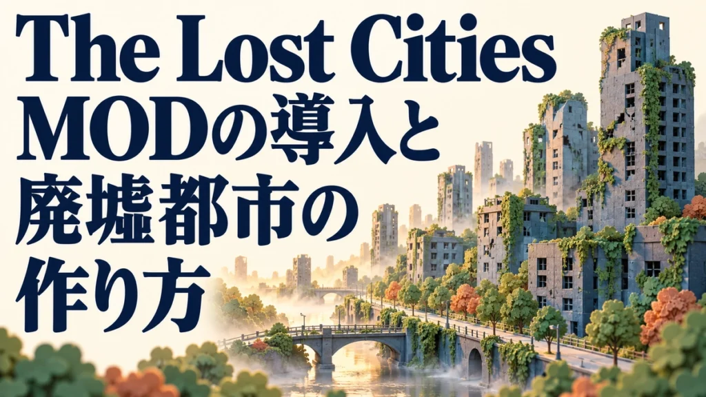 The Lost Cities MODの導入と廃墟都市の作り方を表すAI生成の概念画。実際のゲーム画面ではありません。
