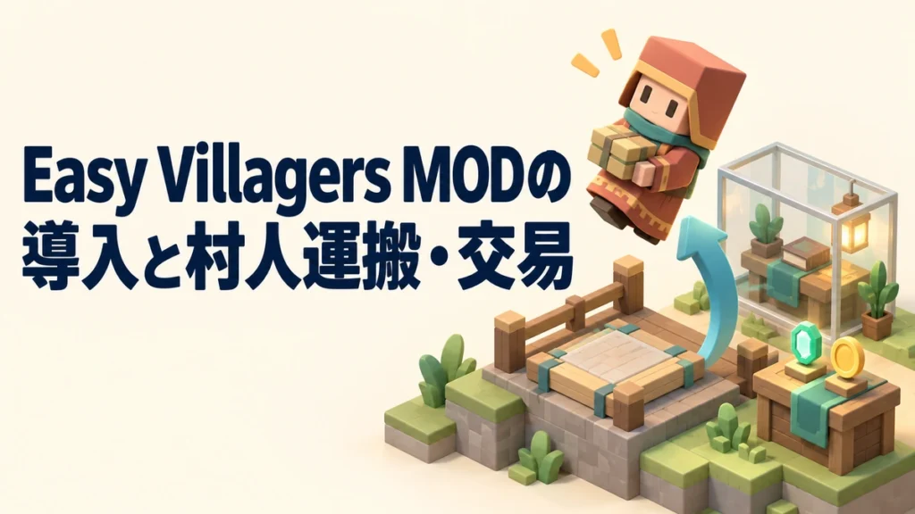 Easy Villagers MODの導入と村人運搬・交易を表すAI生成の概念画。実際のゲーム画面ではありません。