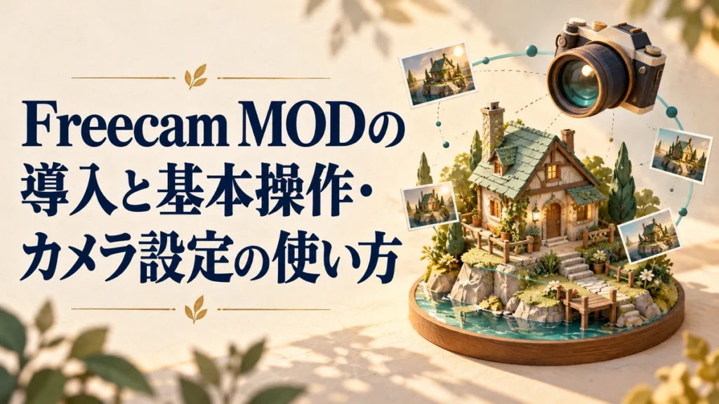 Freecam MODの導入と基本操作・カメラ設定の使い方を表すAI生成の概念画。実際のゲーム画面ではありません。