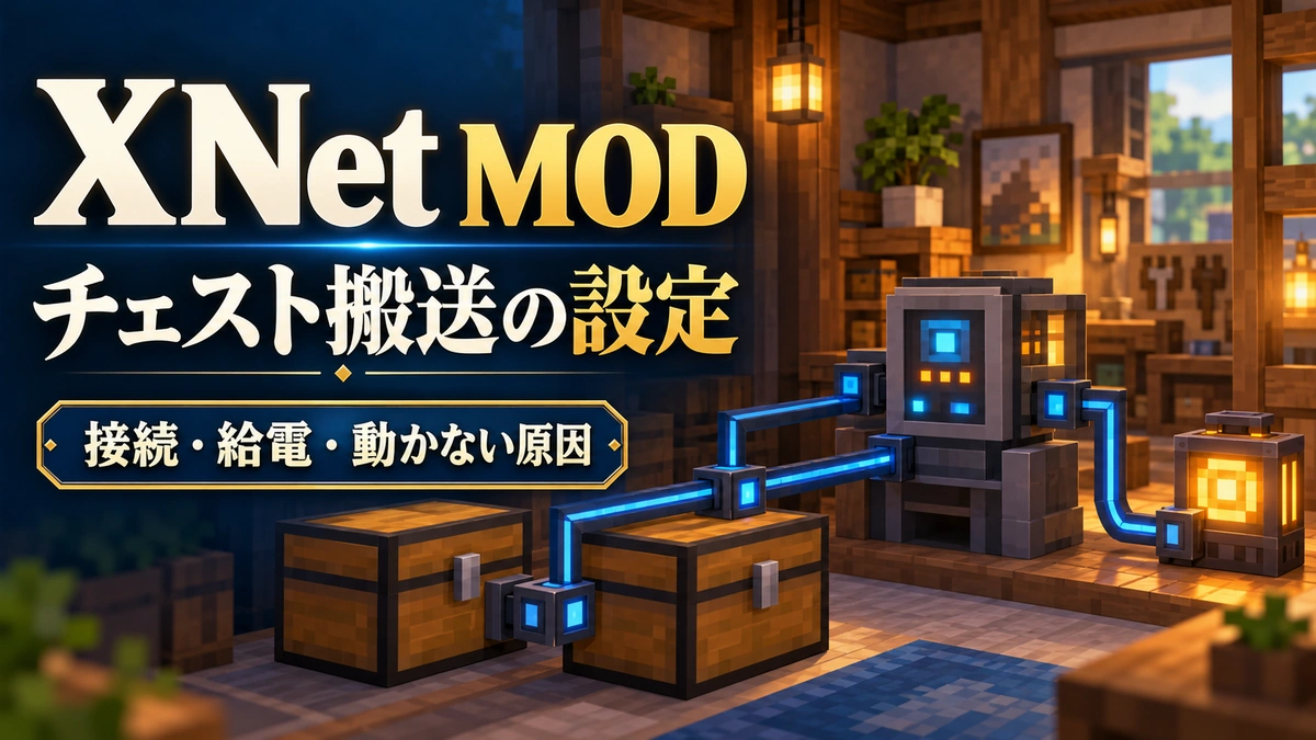 XNet MODの導入と使い方・チェスト間搬送の設定手順を表すAI生成の概念画。実際のゲーム画面ではありません。