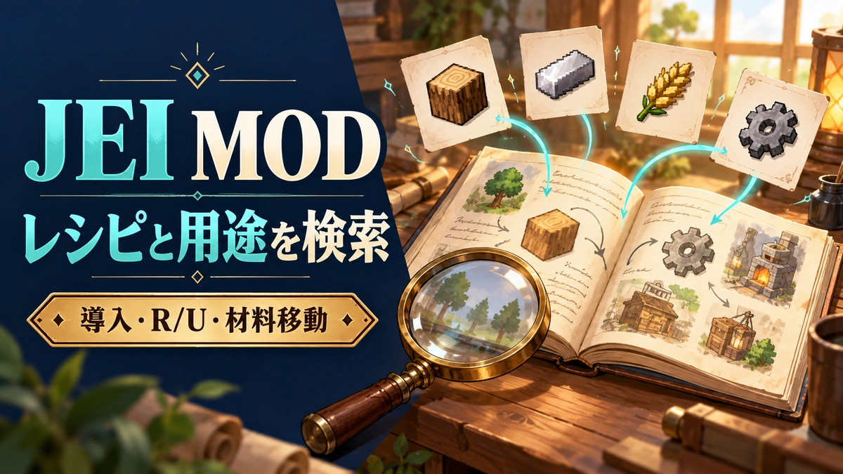 JEI MODの導入とレシピ検索・RとUの操作方法を解説を表すAI生成の概念画。実際のゲーム画面ではありません。