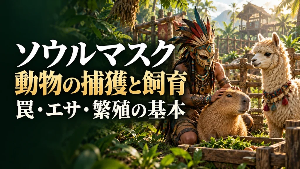 「ソウルマスク 動物の捕獲と飼育 罠・エサ・繁殖の基本」の文字と、カピバラやアルパカと暮らす仮面の飼育者を描いたAI制作イラスト。