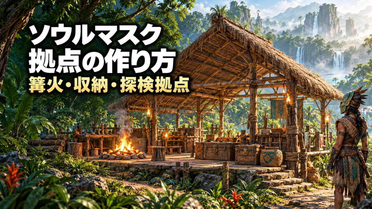 「ソウルマスク」「拠点の作り方」「篝火・収納・探検拠点」の見出しと、雨林の屋根付き拠点、篝火、収納箱、仮面の冒険者を描いたAI制作イラスト。実際のゲーム画面ではありません。