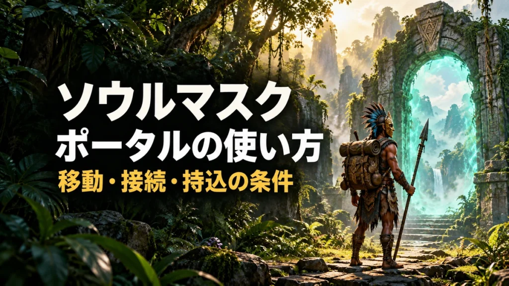 「ソウルマスク ポータルの使い方 移動・接続・持込の条件」の文字と、雨林の石造りの門を前に旅の準備をする仮面の冒険者を描いたAI制作イラスト。実際のゲーム画面ではありません。