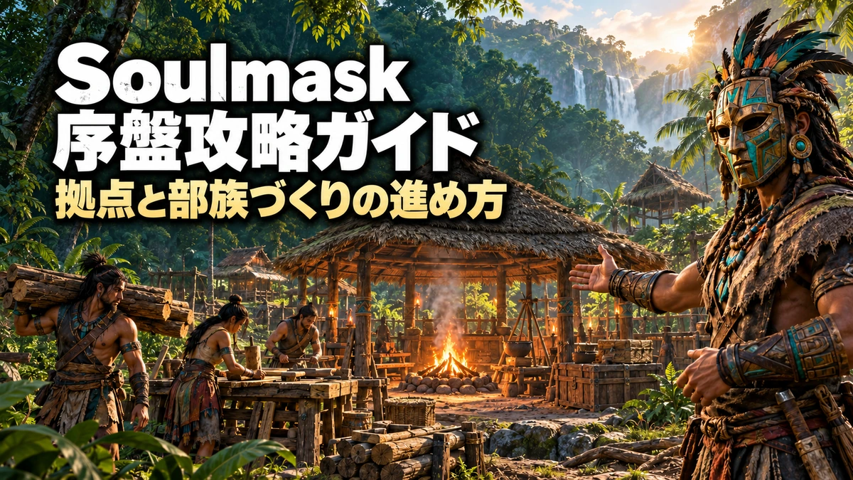 雨林の篝火と作業拠点で、仮面を着けた人物と仲間が協力するSoulmask序盤攻略の紹介イラスト。「Soulmask」「序盤攻略ガイド」「拠点と部族づくりの進め方」の文字。AI生成で、実際のゲーム画面ではない。