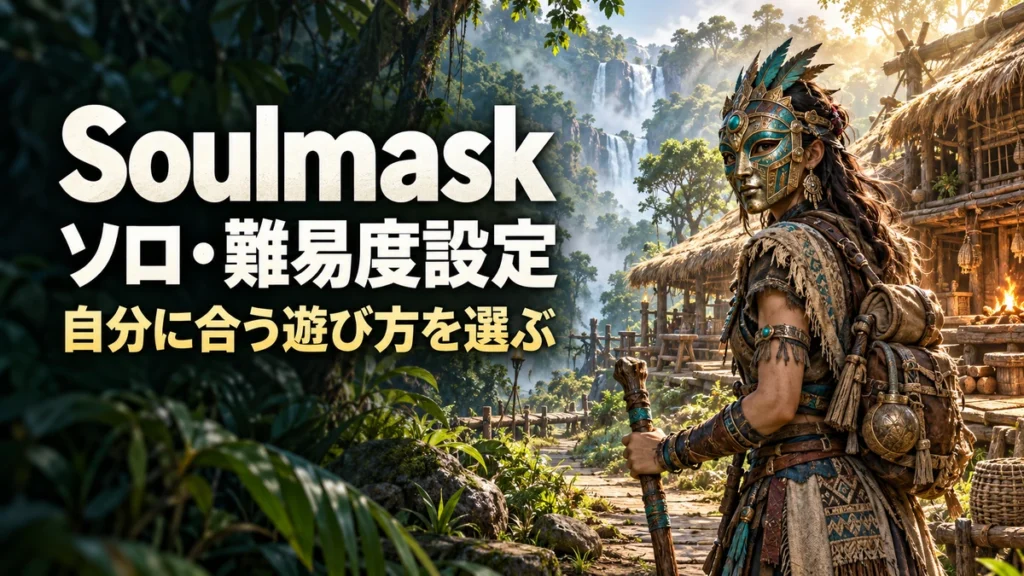 「Soulmask ソロ・難易度設定 自分に合う遊び方を選ぶ」の文字と、雨林の拠点で出発に備える仮面の冒険者を描いたAI制作イラスト。実ゲーム画面ではありません。