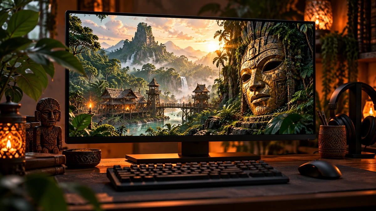 仮面と熱帯の森を映すPCとキーボードを描くSoulmask Steam版のAI概念画