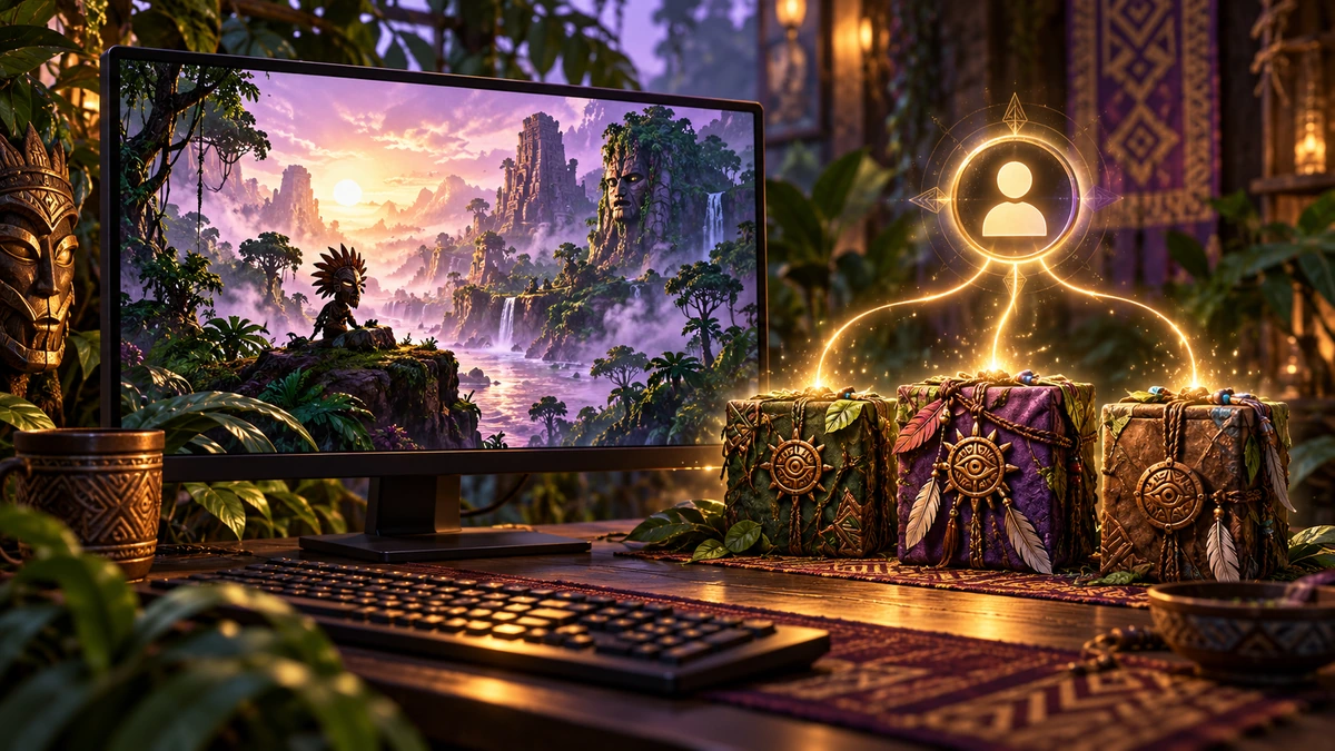 ジャングルを映す配信画面と3つの報酬箱を描いたSoulmask Twitch DropsのAI概念画