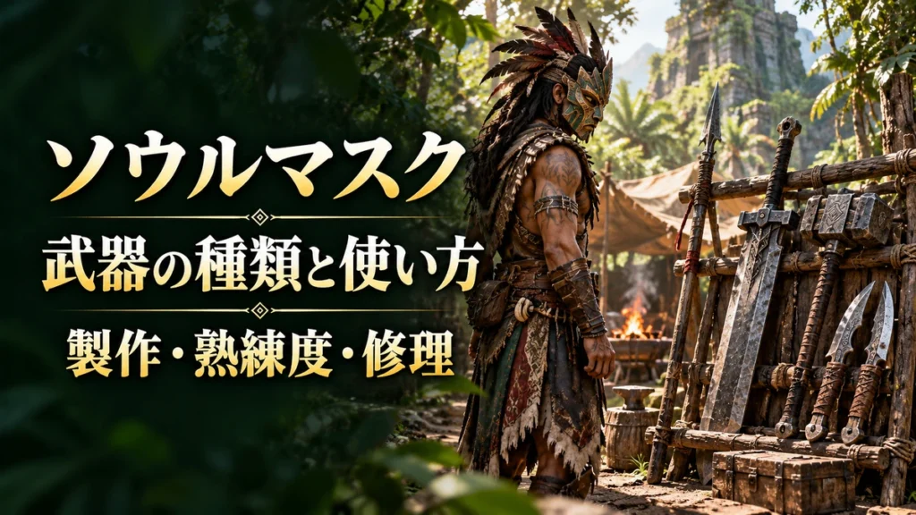 「ソウルマスク 武器の種類と使い方 製作・熟練度・修理」の文字と、武器をそろえた訓練場の戦士を描いたAI制作イラスト。