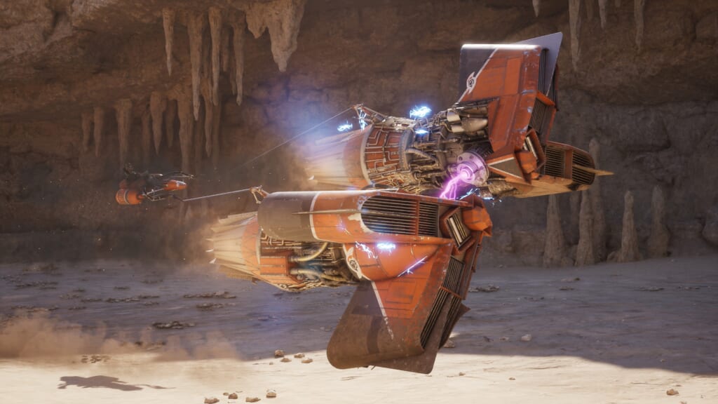 スター・ウォーズ：ギャラクティック・レーサーの公式スクリーンショット。岩場のコースを走るポッドレーサー